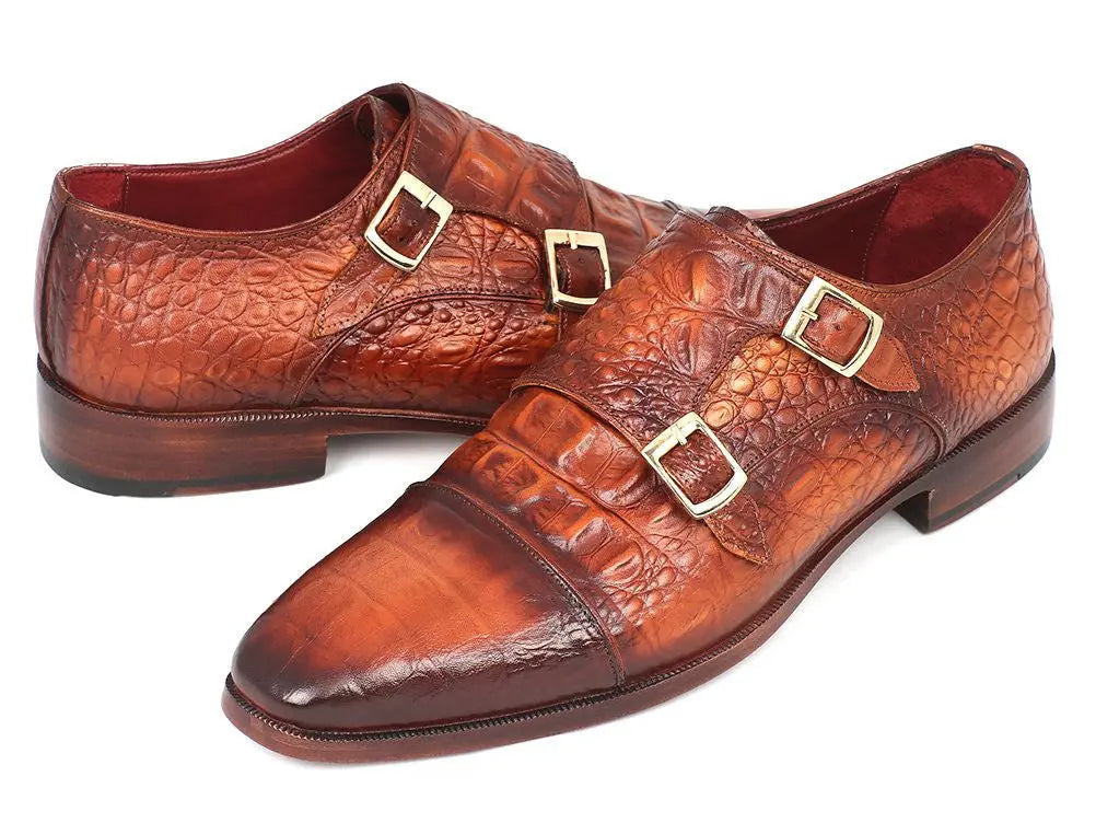 Paul Parkman Men's Brown Embossed Calfskin Double Monk strap Shoes (ID#PP2280) PAUL PARKMAN