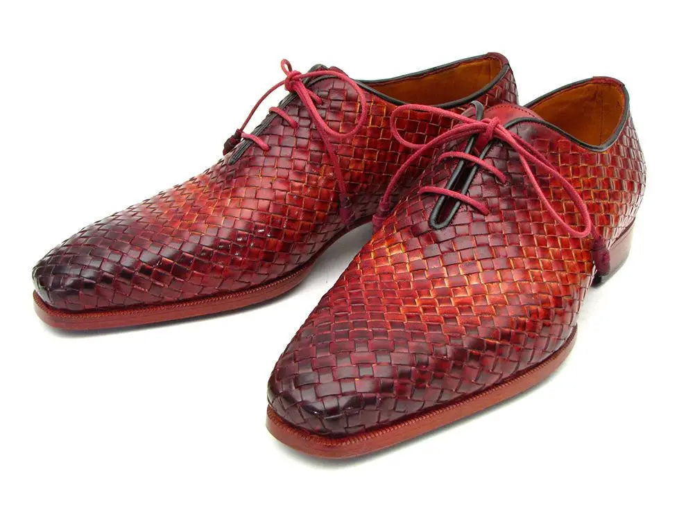 Paul Parkman Men's Bordeaux/Tobacco Woven Genuine Leather Oxfords (ID#54HK42) PAUL PARKMAN