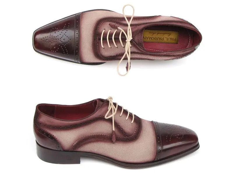 Paul Parkman Men's Bordeaux/Beige Hand-Painted Suede Cap Toe Oxfords(ID#024-BRR) PAUL PARKMAN