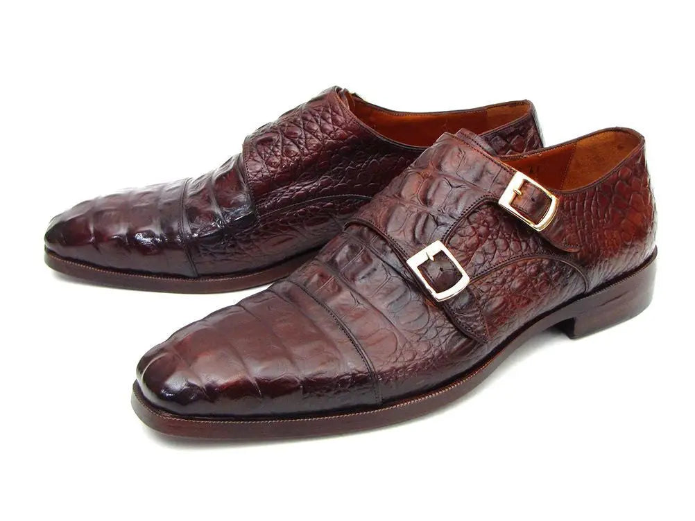 Paul Parkman Men's Brown/Bordeaux Crocodile Embossed Calfskin Double Monk strap Shoes (ID#045FG12) PAUL PARKMAN