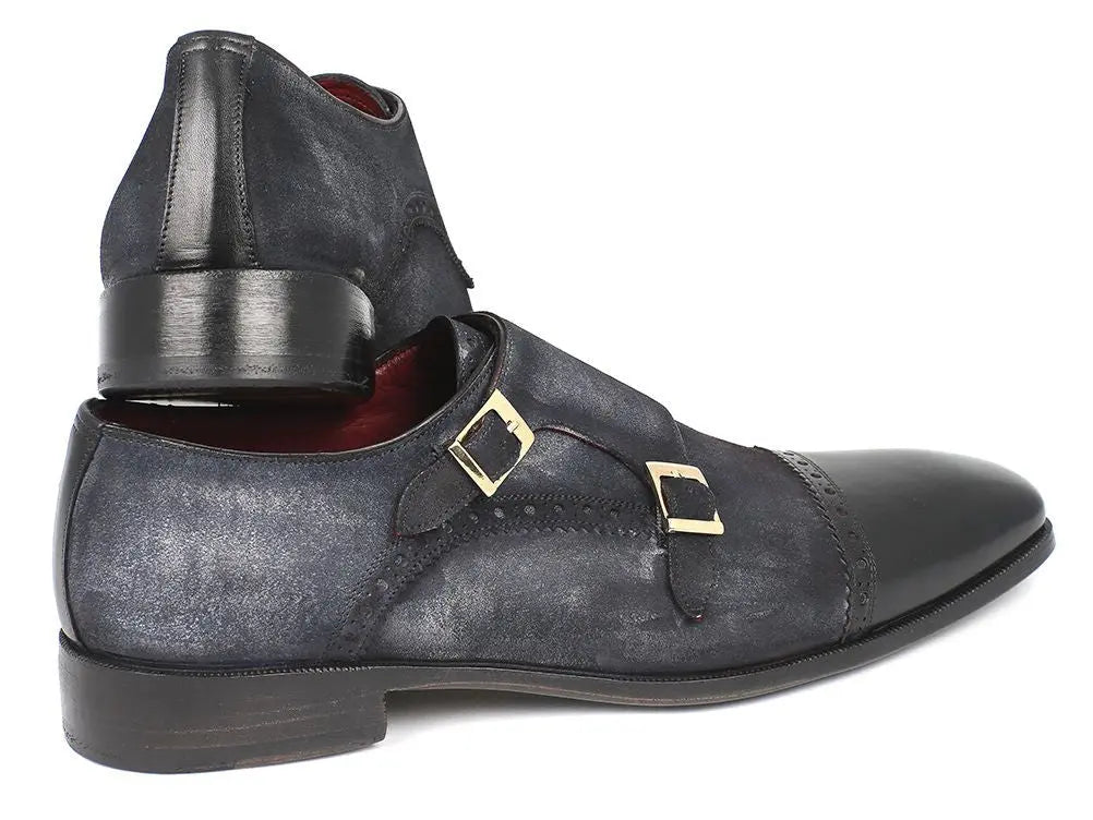 Paul Parkman Men's Navy Suede Cap Toe Double Monk strap Shoes (ID#FK77W) PAUL PARKMAN