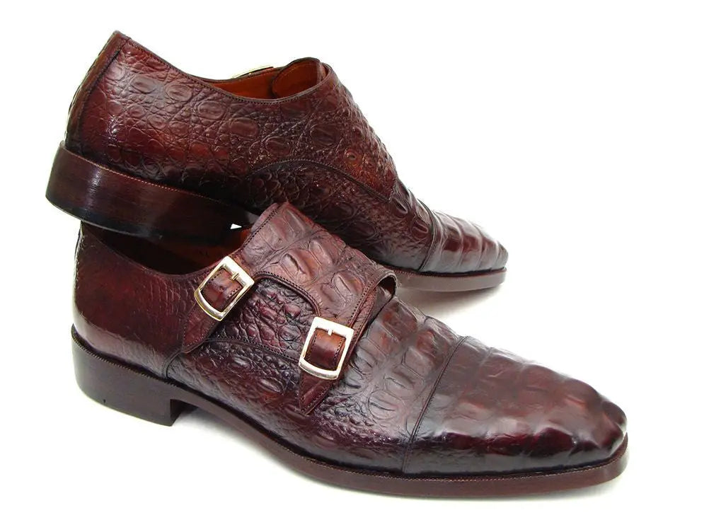 Paul Parkman Men's Brown/Bordeaux Crocodile Embossed Calfskin Double Monk strap Shoes (ID#045FG12) PAUL PARKMAN