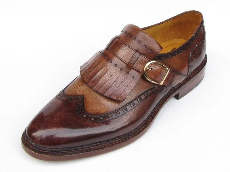 Paul Parkman Men's Brown Hand-Painted Genuine Leather Wingtip Monk strap Brogues (ID#060-BRW) PAUL PARKMAN