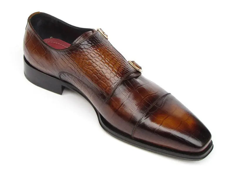 Paul Parkman Men's Brown Crocodile Embossed Calfskin Double Monk strap Shoes (ID#045-APR-BRW) PAUL PARKMAN