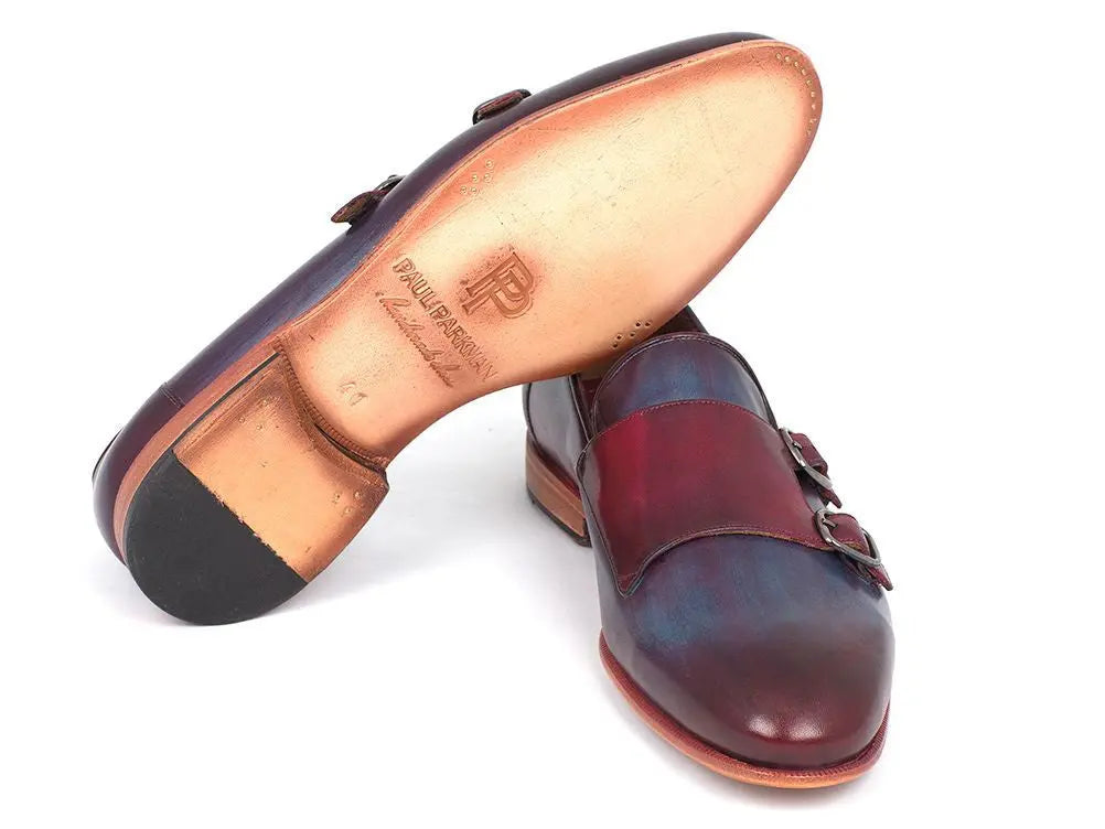 Paul Parkman Men's Bordeaux/Navy Hand-Painted Calfskin Double Monk strap Shoes (ID#HR65CX) PAUL PARKMAN