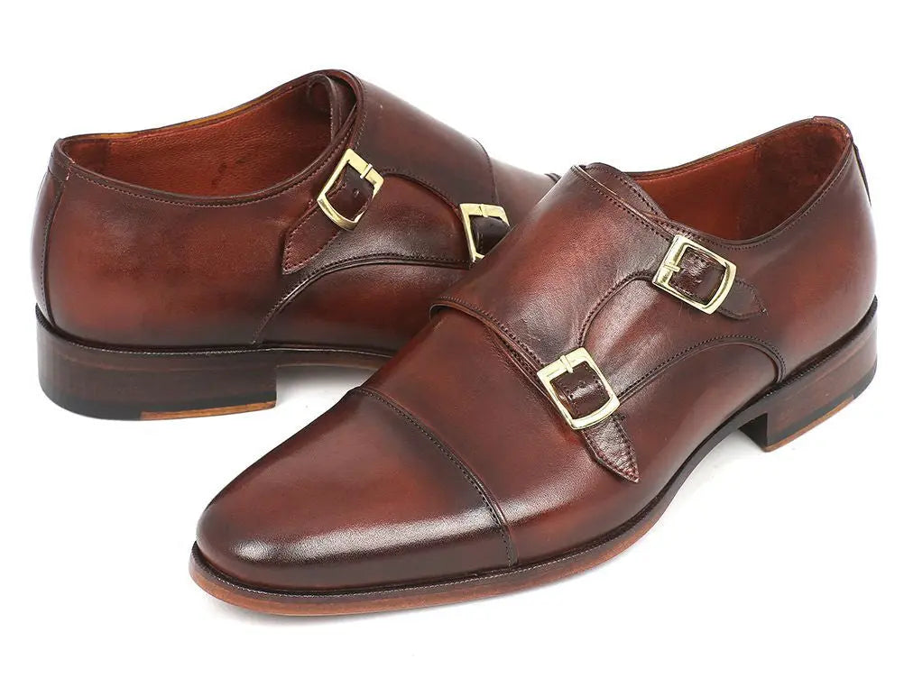 Paul Parkman Men's Brown Cap-Toe Double Monk strap Shoes (ID#0457-BRW) PAUL PARKMAN