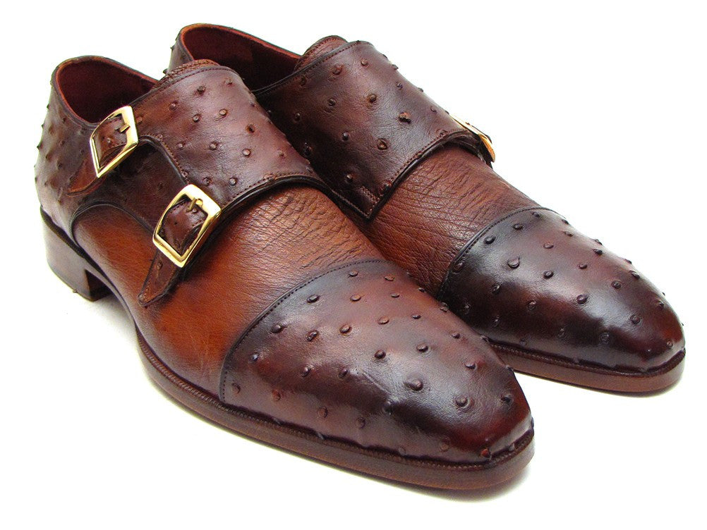 Paul Parkman Brown & Tobacco Genuine Ostrich Double Monkstraps (ID#43K68) PAUL PARKMAN