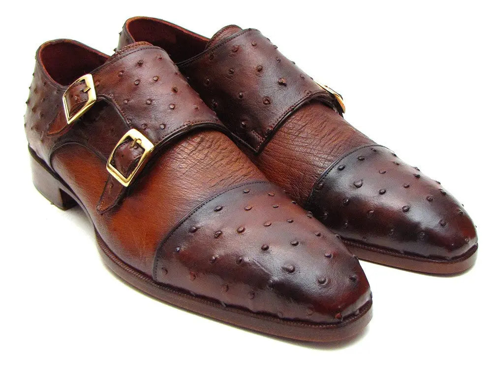 Paul Parkman Men's Brown/Tobacco Genuine Ostrich Double Monk Strap Shoes (ID#43K68) PAUL PARKMAN