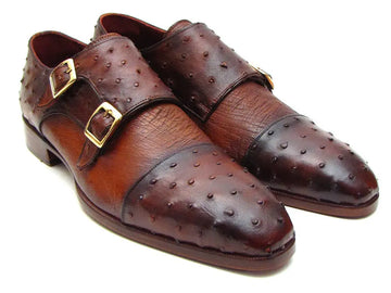 Paul Parkman Men's Brown/Tobacco Genuine Ostrich Double Monk Strap Shoes (ID#43K68) PAUL PARKMAN