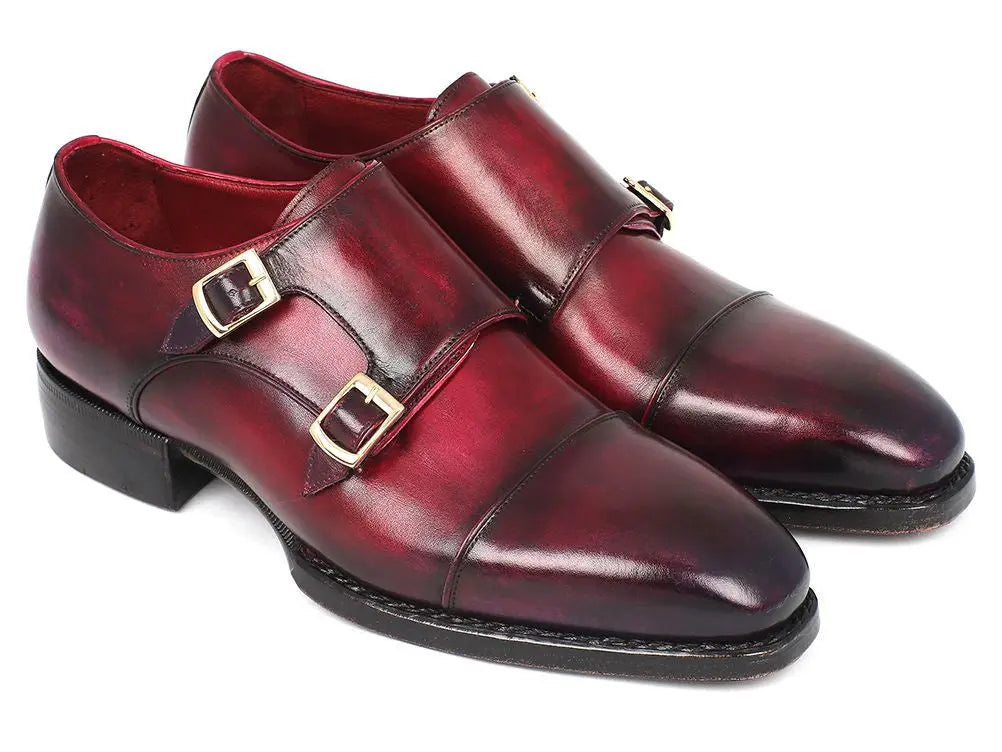 Paul Parkman Men's Purple/Burgundy Triple Genuine Leather Sole Hand-Welted Cap Toe Monk strap Shoes (ID#LX77MNK) PAUL PARKMAN