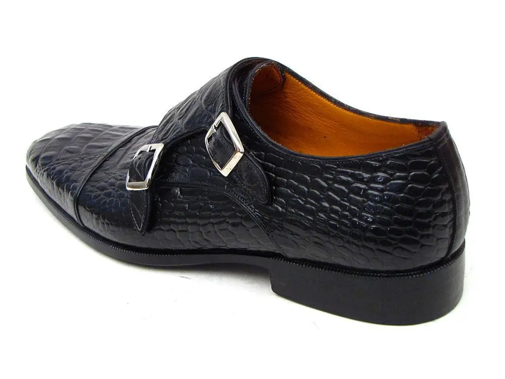 Paul Parkman Men's Black Crocodile Embossed Calfskin Double Monk strap Shoes (ID#045BK41) PAUL PARKMAN