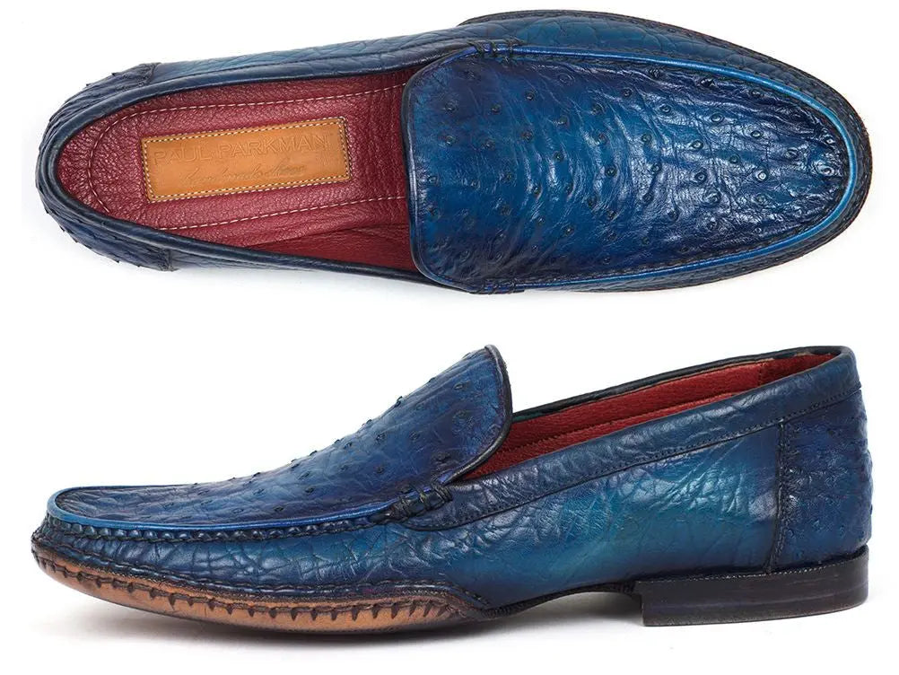 Paul Parkman Men's Blue Genuine Ostrich Opanka Stitched Moccasins (ID#YL94OPK) PAUL PARKMAN