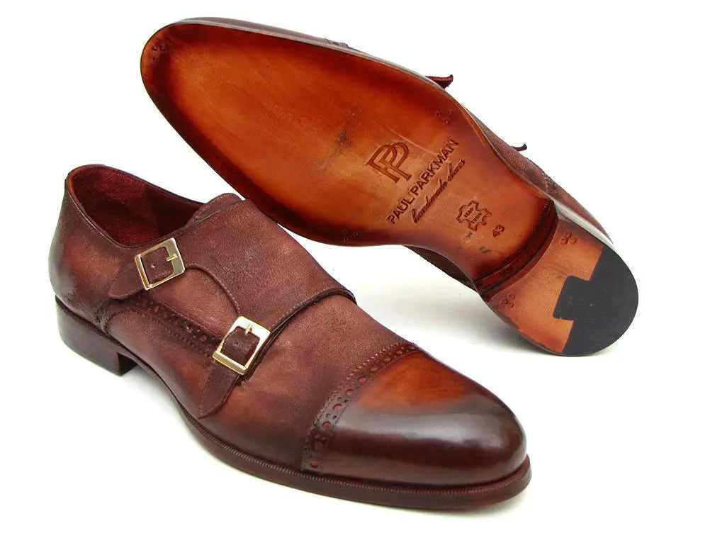 Paul Parkman Men's Antique Brown Suede Cap Toe Double Monk strap Shoes (ID#045BT11) PAUL PARKMAN