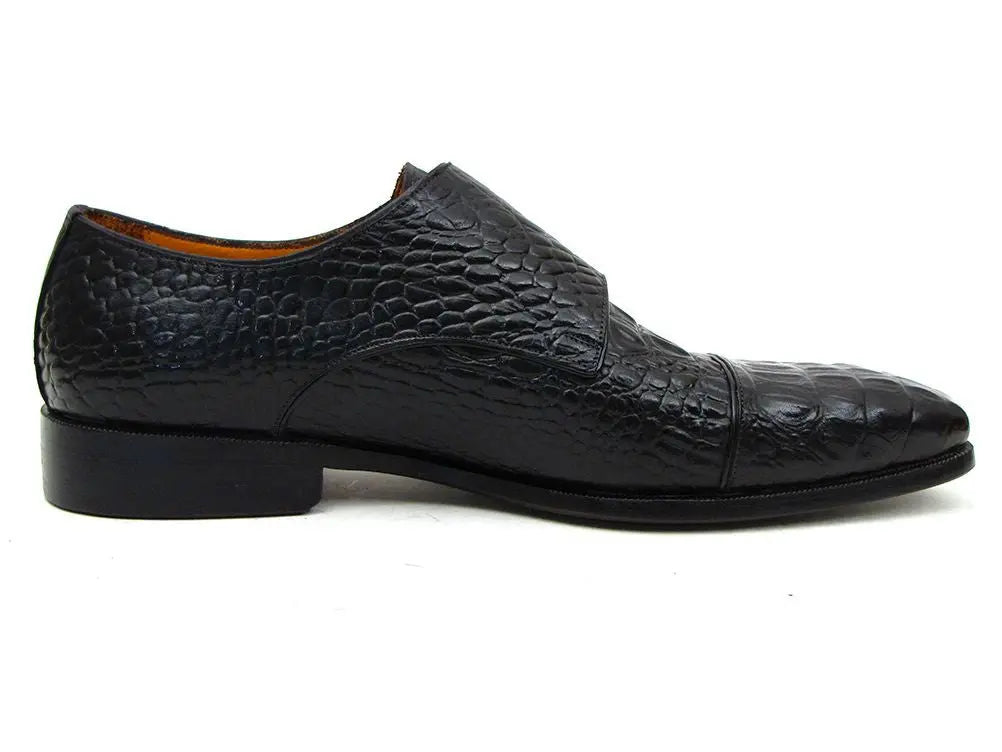 Paul Parkman Men's Black Crocodile Embossed Calfskin Double Monk strap Shoes (ID#045BK41) PAUL PARKMAN