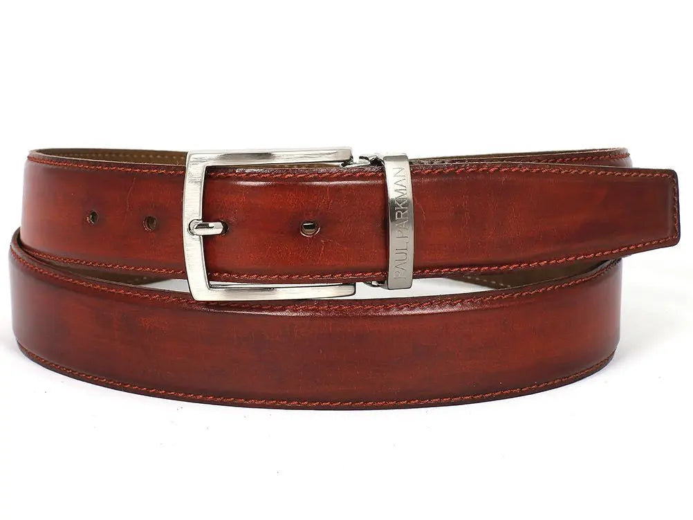 PAUL PARKMAN Men's Leather Belt Hand-Painted Reddish Brown (ID#B01-RDH) PAUL PARKMAN