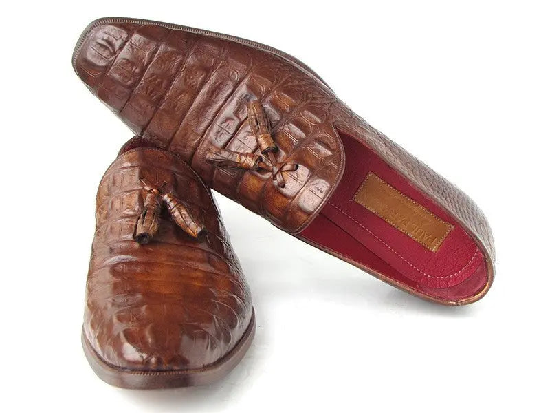 Paul Parkman Men's Brown Crocodile Embossed Calfskin Tassel Loafers (ID#PP2281-BRW) PAUL PARKMAN
