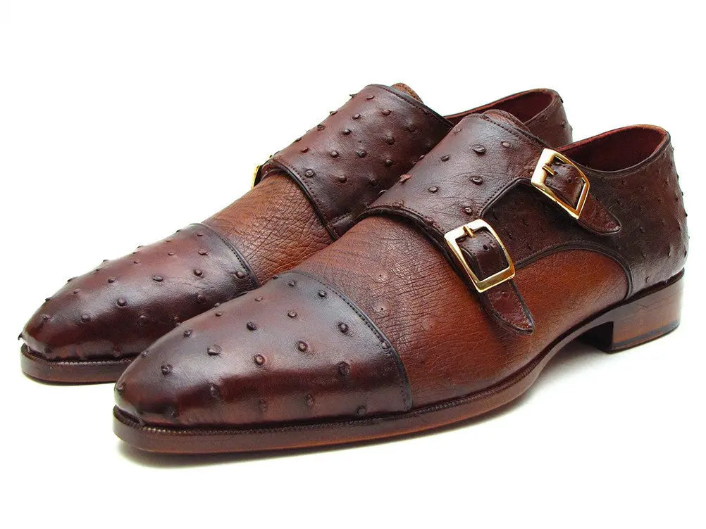 Paul Parkman Men's Brown/Tobacco Genuine Ostrich Double Monk Strap Shoes (ID#43K68) PAUL PARKMAN