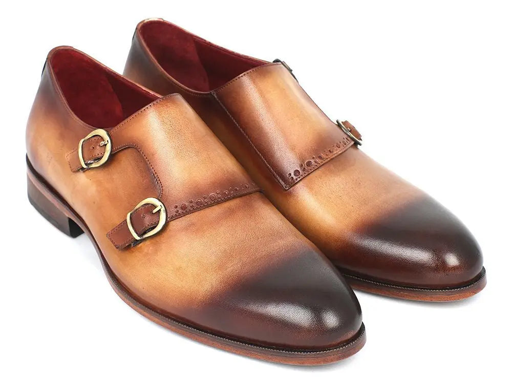 Paul Parkman Men's Two Tone Brown/Camel Genuine Leather Double Monk strap Shoes (ID#HT54-CML) PAUL PARKMAN