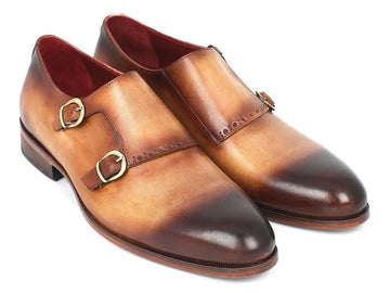 Paul Parkman Men's Two Tone Brown/Camel Genuine Leather Double Monk strap Shoes (ID#HT54-CML) PAUL PARKMAN