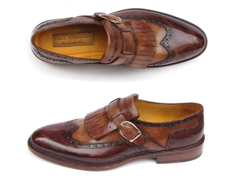 Paul Parkman Men's Brown Hand-Painted Genuine Leather Wingtip Monk strap Brogues (ID#060-BRW) PAUL PARKMAN