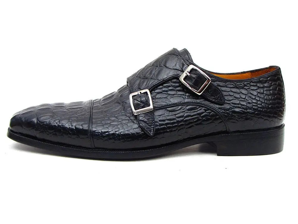 Paul Parkman Men's Black Crocodile Embossed Calfskin Double Monk strap Shoes (ID#045BK41) PAUL PARKMAN