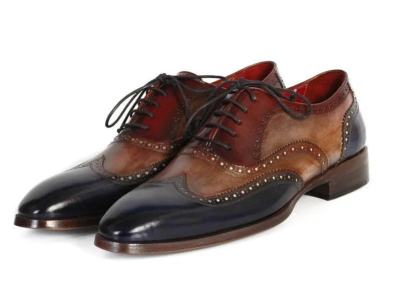 Paul Parkman Men's Three Tone Navy/Camel/Bordeaux Wingtip Oxfords (ID#PP2278) PAUL PARKMAN