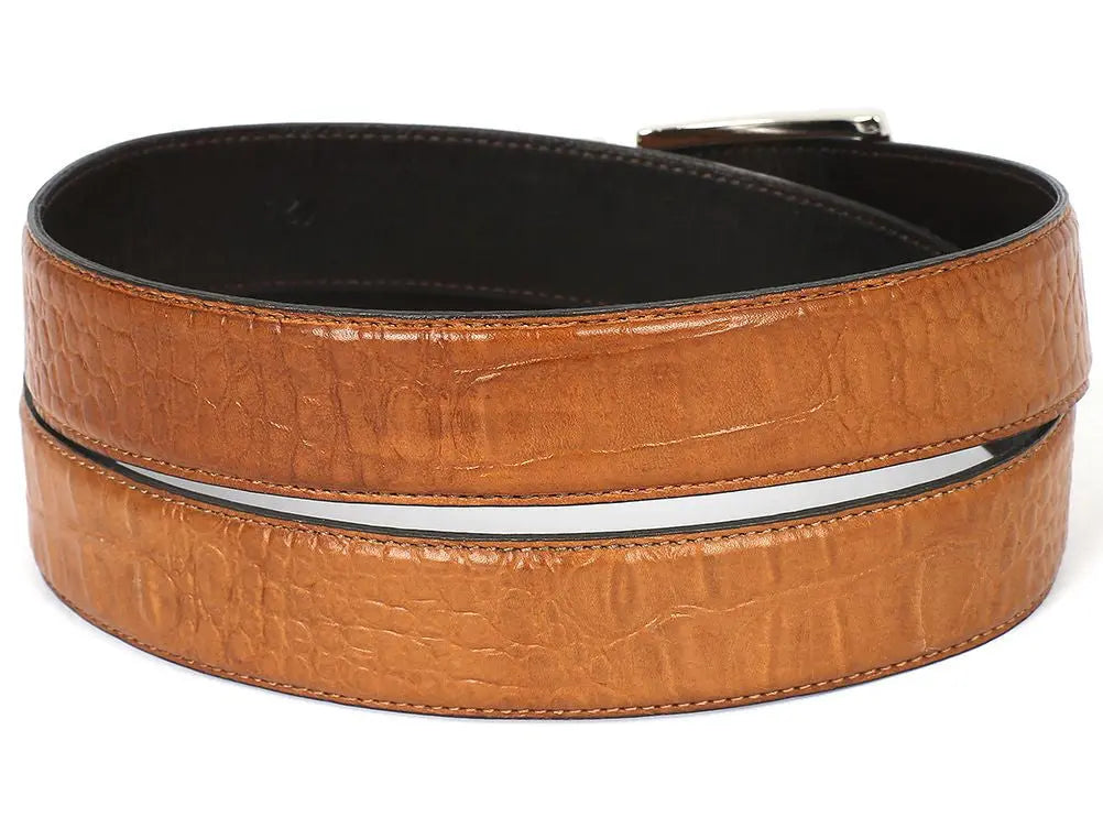 Paul Parkman Men's Camel  Crocodile Textured Genuine Leather Belt (ID#B02-CML) PAUL PARKMAN