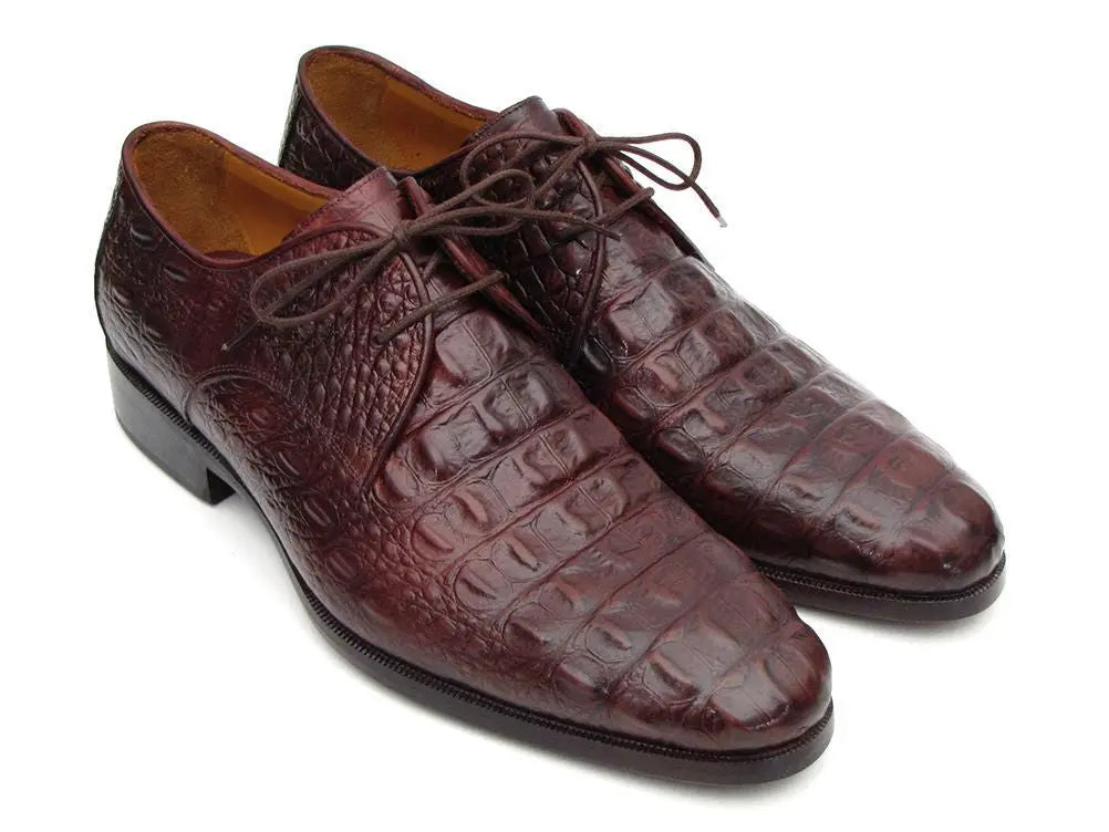 Paul Parkman Men's Brown/Bordeaux Crocodile Embossed Calfskin Genuine Leather Derby Shoes (ID#1438BRD) PAUL PARKMAN