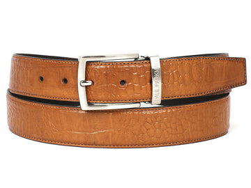 PAUL PARKMAN Men's Croc Embossed Calfskin Belt Camel (ID#B02-CML)