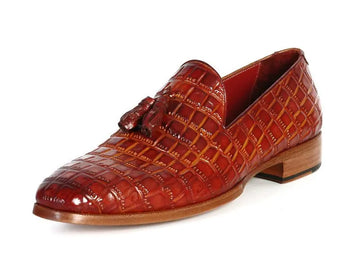 Paul Parkman Men's Reddish Camel Crocodile Embossed Calfskin Tassel Loafers (ID#0823-RDSH) PAUL PARKMAN