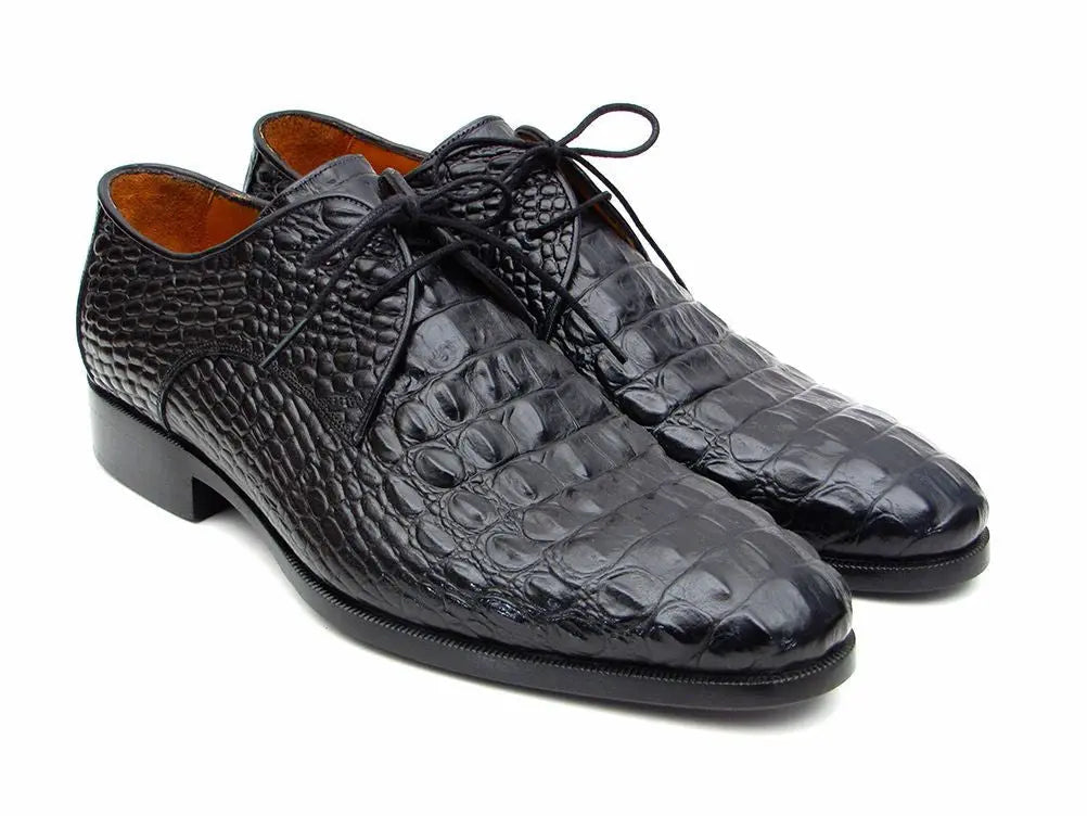 Paul Parkman Men's Black Crocodile Embossed Calfskin Genuine Leather Derby Shoes (ID#1438BLK) PAUL PARKMAN