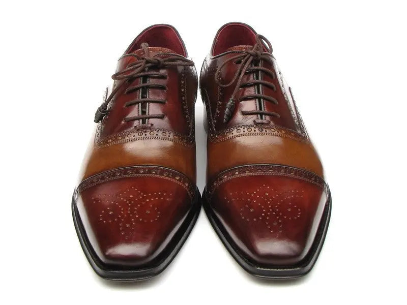 Paul Parkman Men's Camel/Red Hand-Painted Genuine Leather Cap Toe Oxfords (ID#024-CML-BRD) PAUL PARKMAN