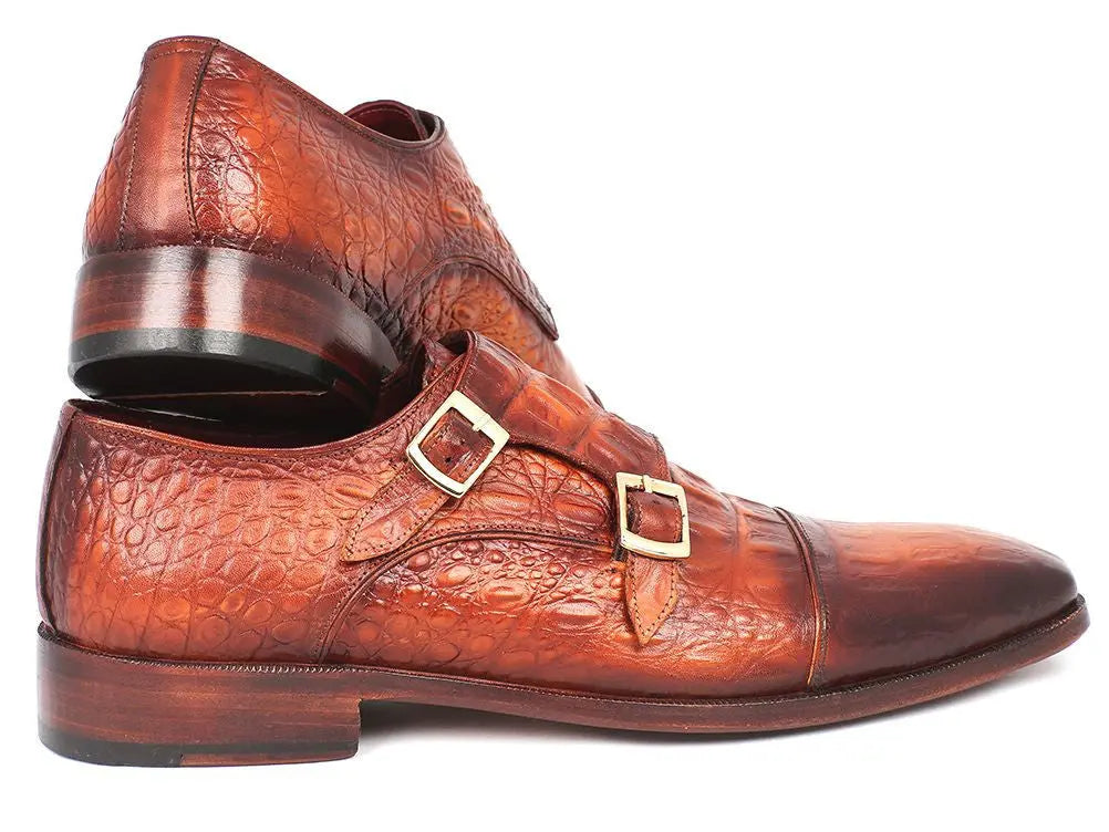 Paul Parkman Men's Brown Embossed Calfskin Double Monk strap Shoes (ID#PP2280) PAUL PARKMAN