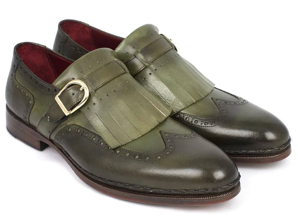 Paul Parkman Men's Green Hand-Painted Genuine Leather Wingtip Monk strap Brogues (ID#060-GREEN) PAUL PARKMAN