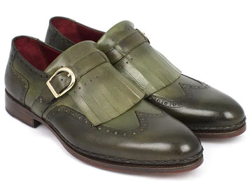 Paul Parkman Men's Green Hand-Painted Genuine Leather Wingtip Monk strap Brogues (ID#060-GREEN) PAUL PARKMAN