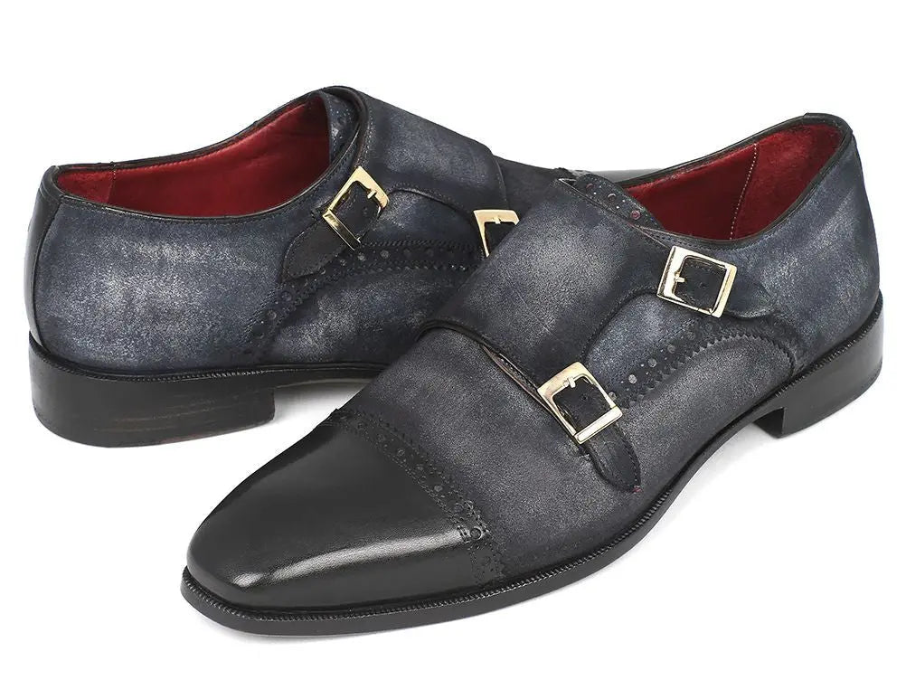Paul Parkman Men's Navy Suede Cap Toe Double Monk strap Shoes (ID#FK77W) PAUL PARKMAN