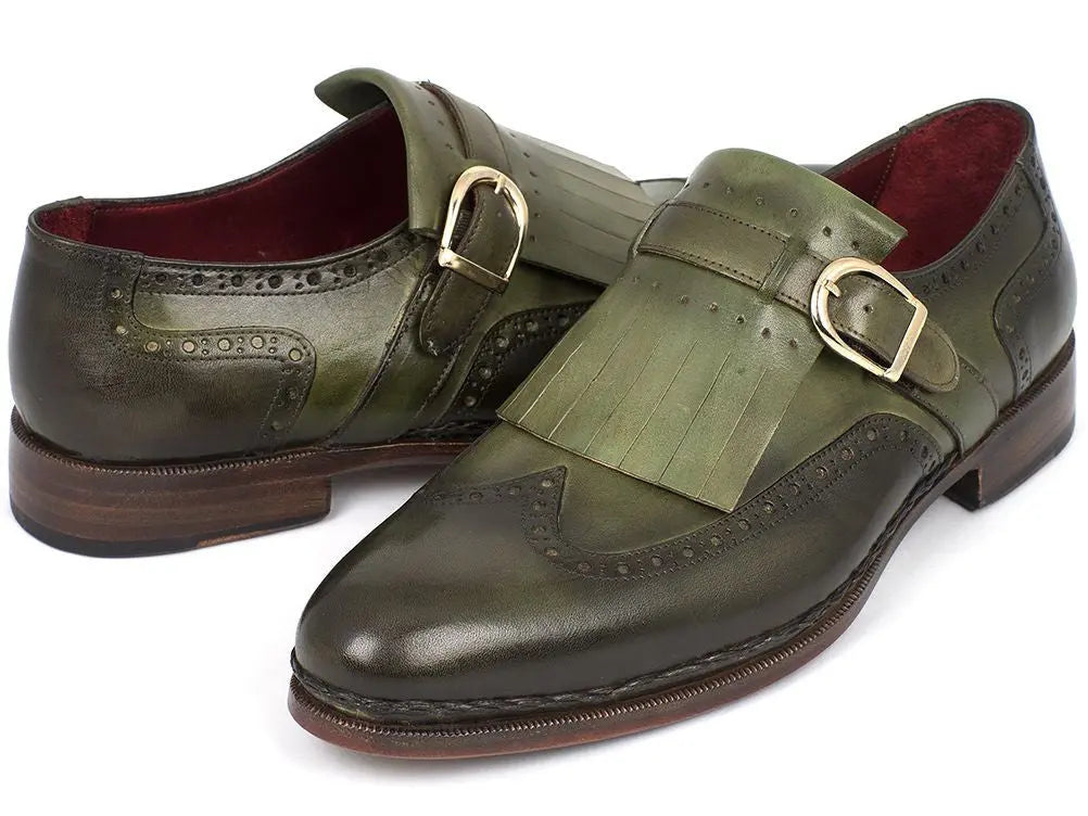 Paul Parkman Men's Green Hand-Painted Genuine Leather Wingtip Monk strap Brogues (ID#060-GREEN) PAUL PARKMAN