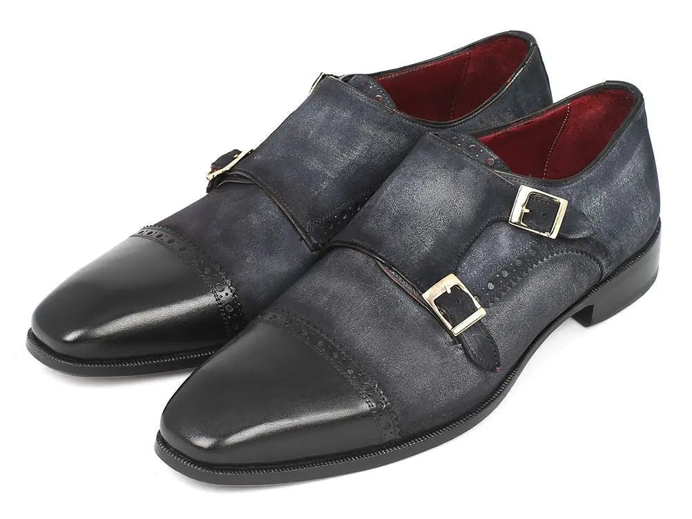 Paul Parkman Men's Navy Suede Cap Toe Double Monk strap Shoes (ID#FK77W) PAUL PARKMAN