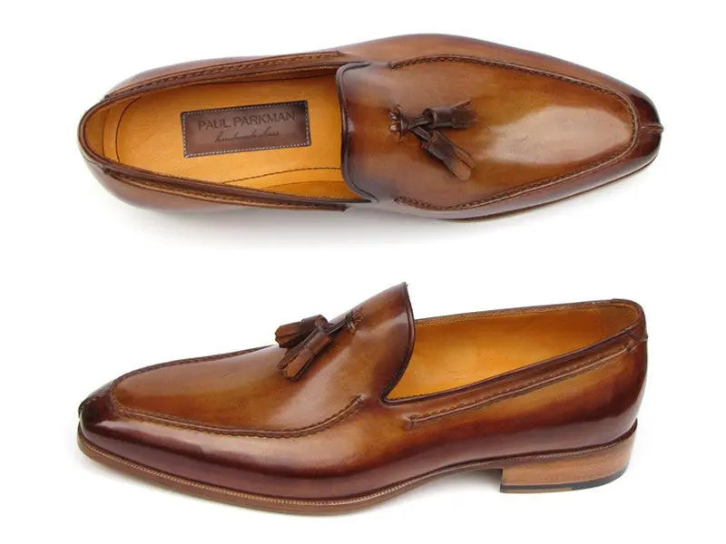 Paul Parkman Men's Camel/Brown Tassel Hand-Painted Genuine Leather Loafers(ID#083-CML) PAUL PARKMAN