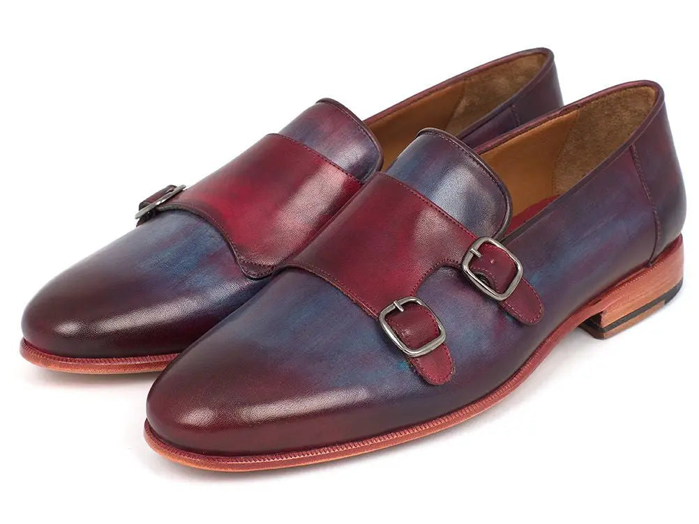 Paul Parkman Men's Bordeaux/Navy Hand-Painted Calfskin Double Monk strap Shoes (ID#HR65CX) PAUL PARKMAN