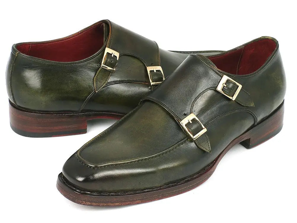 Paul Parkman Men's Green Goodyear Welted Double Monk strap Shoes (ID#061-GREEN) PAUL PARKMAN