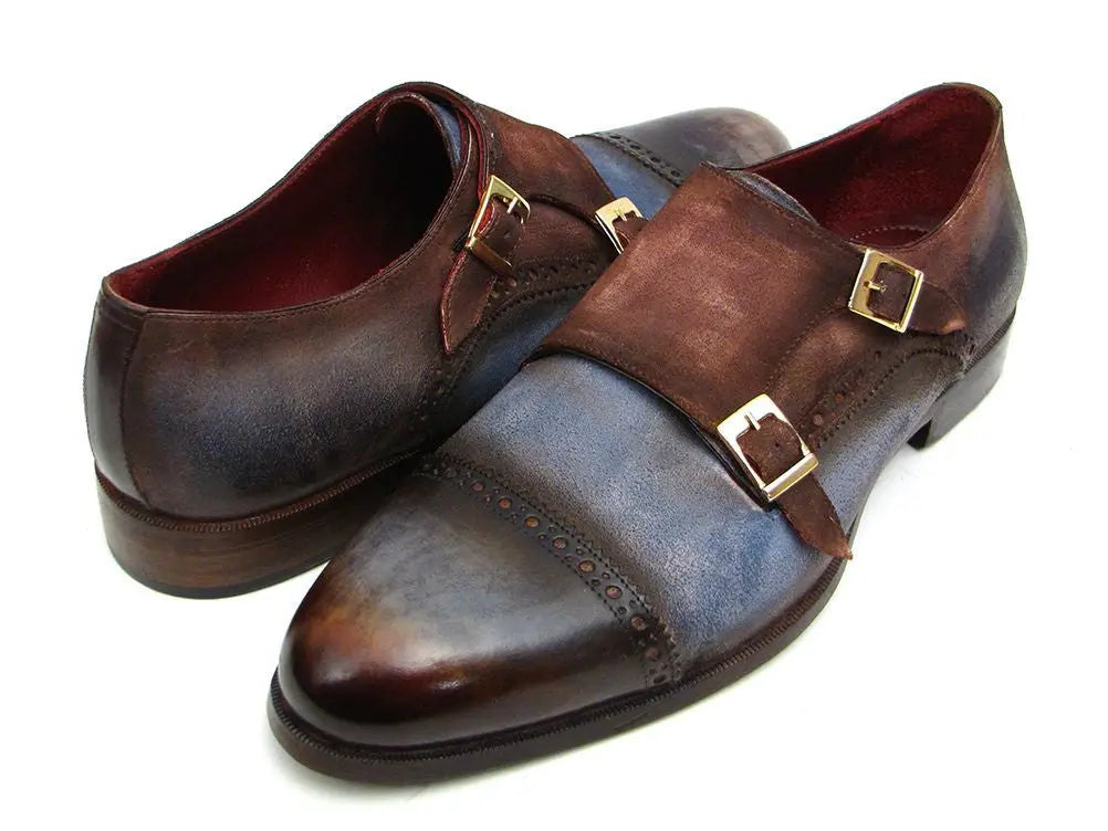 Paul Parkman Men's Antique Blue/Brown Suede Cap Toe Double Monk strap Shoes (ID#045AN14) PAUL PARKMAN