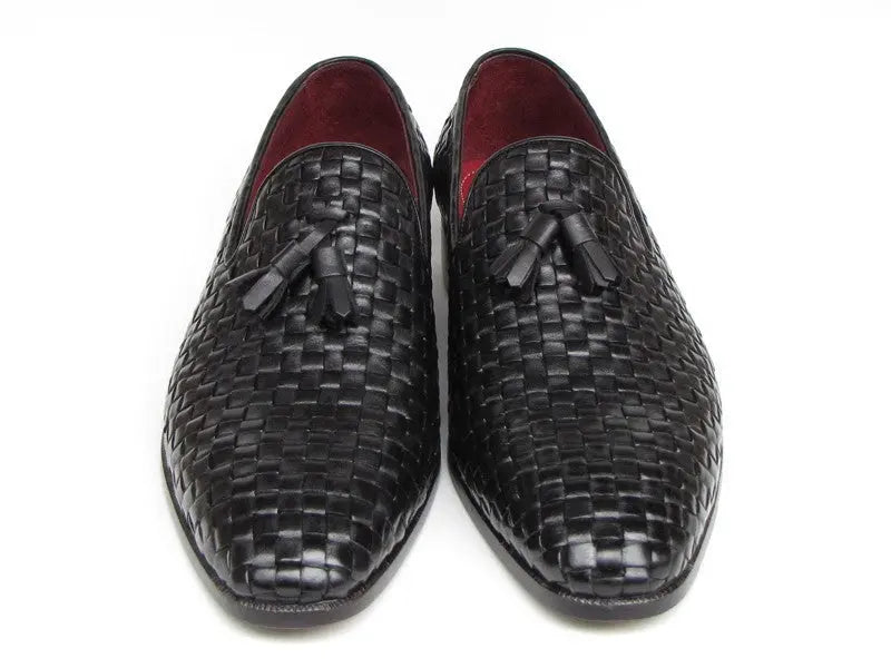Paul Parkman Men's Black Woven Genuine Leather Tassel Loafers (ID#085-BLK) PAUL PARKMAN