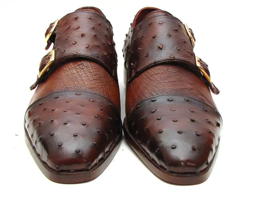 Paul Parkman Men's Brown/Tobacco Genuine Ostrich Double Monk Strap Shoes (ID#43K68) PAUL PARKMAN