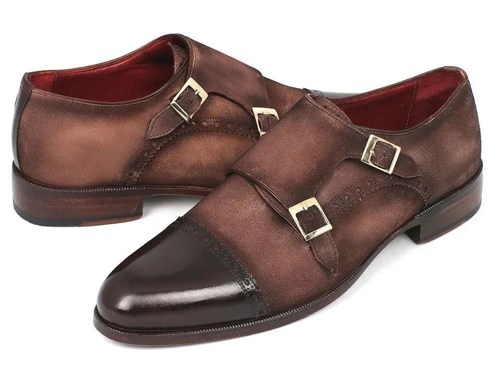 Paul Parkman Men's Brown/Beige Suede Cap-Toe Double Monk strap Shoes (ID#FK09) PAUL PARKMAN