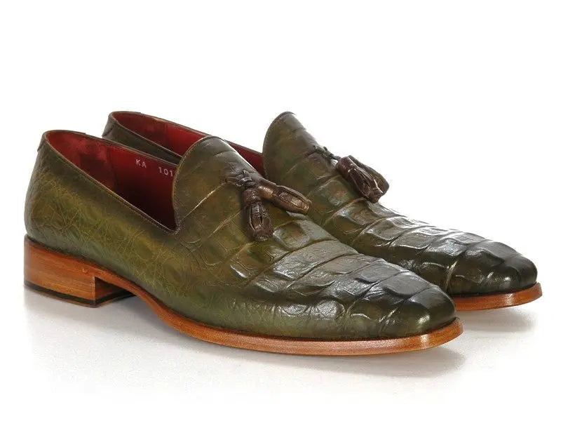 Paul Parkman Men's Green Crocodile Embossed Calfskin Tassel Loafers (ID#PP2281-GREEN) PAUL PARKMAN