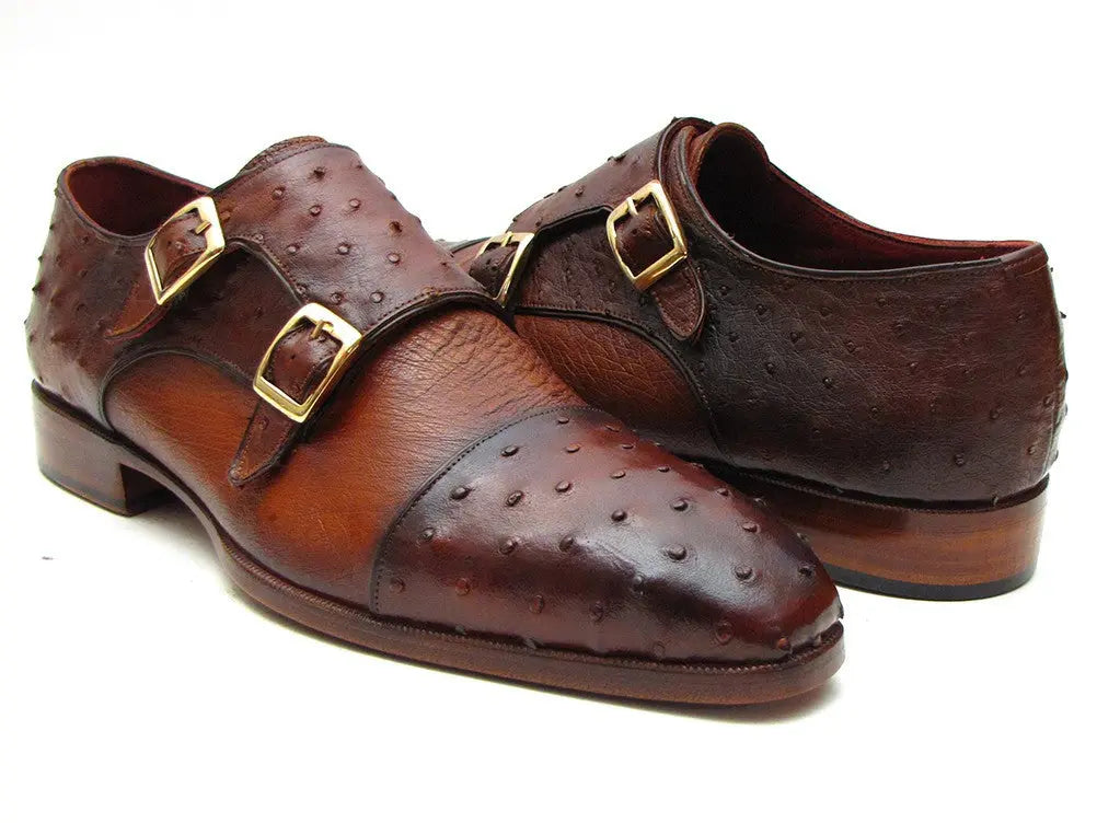 Paul Parkman Men's Brown/Tobacco Genuine Ostrich Double Monk Strap Shoes (ID#43K68) PAUL PARKMAN