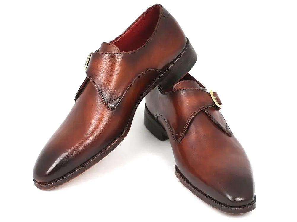 Paul Parkman Men's Brown/Camel Genuine Leather Single Monk strap Shoes (ID#011B44) PAUL PARKMAN