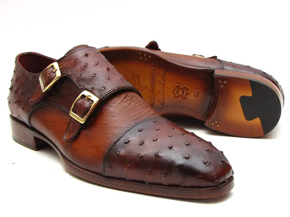 Paul Parkman Men's Brown/Tobacco Genuine Ostrich Double Monk Strap Shoes (ID#43K68) PAUL PARKMAN