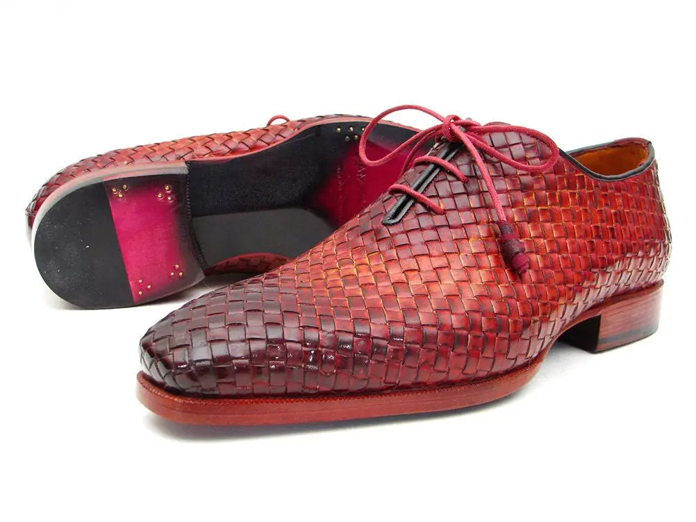 Paul Parkman Men's Bordeaux/Tobacco Woven Genuine Leather Oxfords (ID#54HK42) PAUL PARKMAN